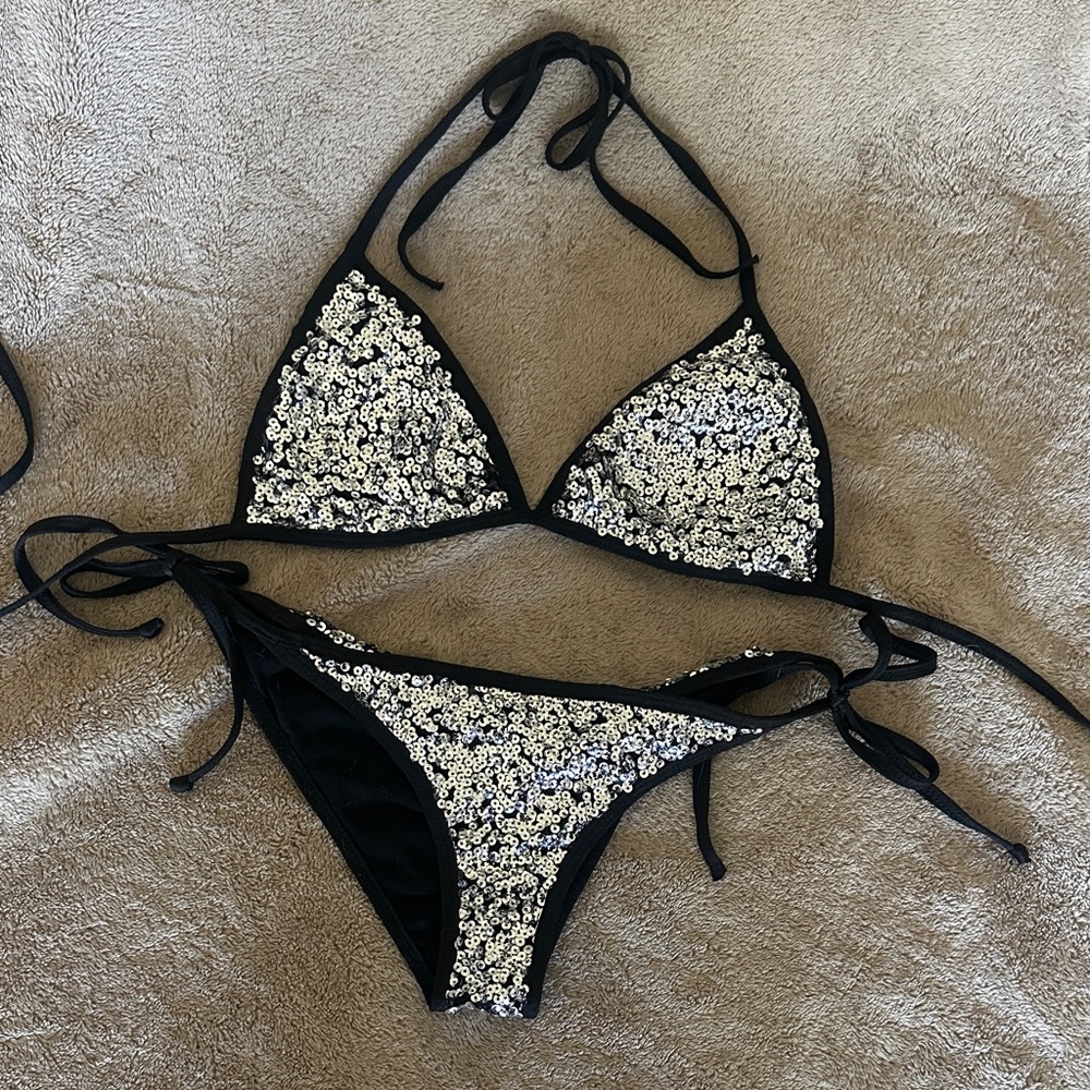 Black and silver Sequin Triangle Bikini Set